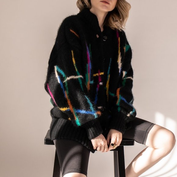 Vintage 80s mohair abstract stripe chunky cardigan - Picture 3 of 10